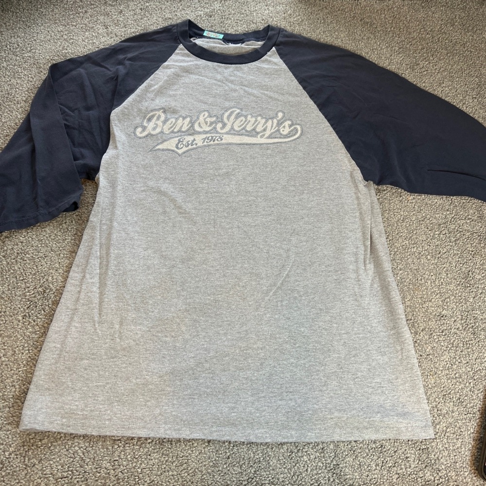 vtg Ben & Jerrys Baseball‎ Raglan Shirt Mens Large Gray Navy 3/4 Sleeve logo
